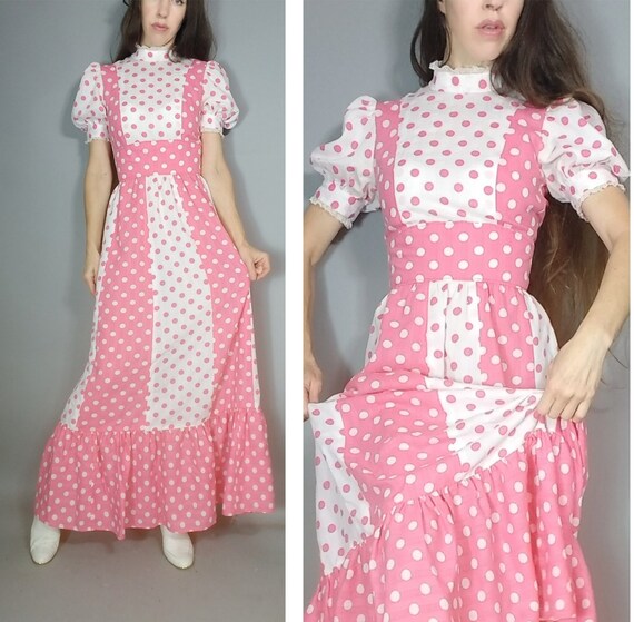 Vintage 70s Dress Pink White Polka Dot s - image 1