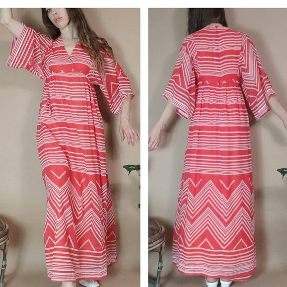 Vintage 70s Hippie Bohemian Dress Red Stripes Che… - image 1