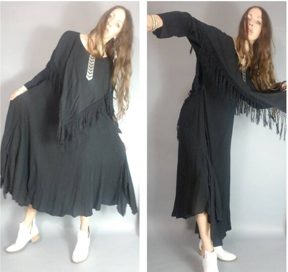 Vintage 80s 90s Moroccan Dress Black Drapey Bohem… - image 1