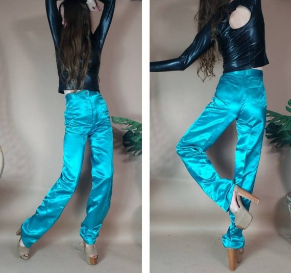 Vintage 70s Disco Pants Teal High Waisted Satin Pa