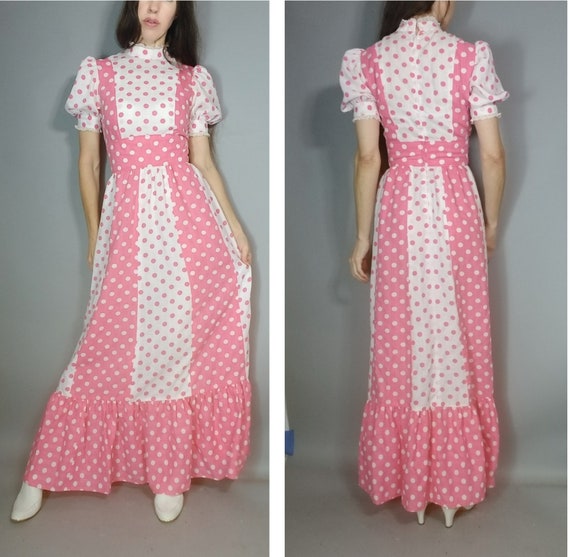 Vintage 70s Dress Pink White Polka Dot s - image 3