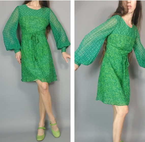 Vintage 60s Mod Green Dress s - image 2