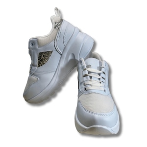 White Glitter Chunky Sneakers for Women, Fashion Walking Shoes with Sparkly Panel, Platform Trainers, Trendy Street Style Gift Idea
