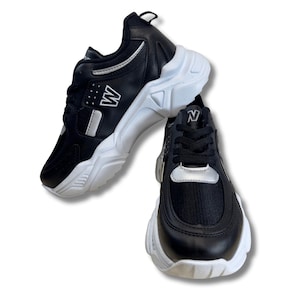 Chunky Black White Streetwear Sneakers for Men & Women, Bold Platform Athletic Shoes with W Logo, Mesh Faux Leather Trainers,
