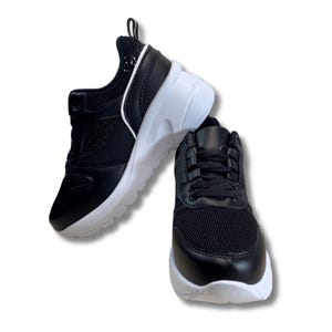 Black Glitter Platform Sneakers for Women, Chunky Glam Trainers with White Sole, Faux Leather Mesh Streetwear Shoes, Stylish Gift for Her