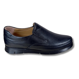 Black Leather Slip-On Shoes for Men, Comfortable Dress Loafers with Cushioned Sole, Classic Business Casual Footwear, Gift for Husband