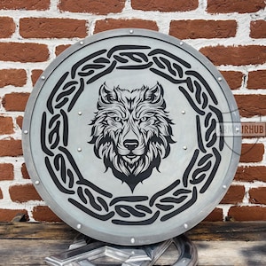 Wolf Viking Shield – Medieval Wooden Shield with Norse Knotwork – Handcrafted Wall Decor – Warrior Cosplay & LARP Shield, Wall Decor,