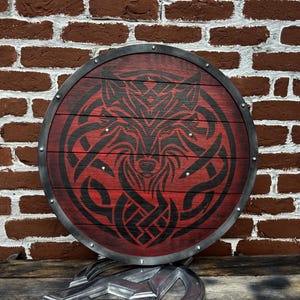 Red Fenrir Wolf Battle worn Wooden Viking Shield – Handcrafted Wall Decor – Warrior Cosplay & LARP Shield, Wall Decor,