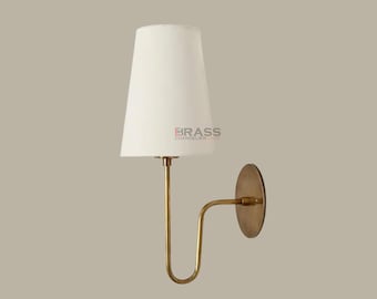 Handmade Mid-Century Modern Brass Wall Sconce with Linen Shade