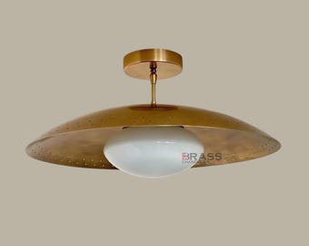 Mid Century Modern Brass Perforated Semi Flush Mount Ceiling Light, Glass Globe Ceiling Lamp, Modern Brass Ceiling Fixture