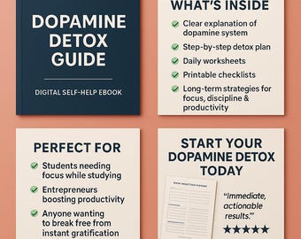 Guía de desintoxicación de dopamina / Libro electrónico de autoayuda digital para concentración, productividad y disciplina / Cuaderno de ejercicios imprimible