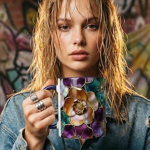 Jewel Tone Enamel Floral Coffee Mug: Cloisonné Flower Tea Cup, Artistic Stained Glass Gift, Bold Botanical Kitchen Decor, Ceramic Drinkware