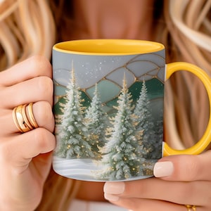 Christmas Mountain Forest Mug: Stained Glass Pine Trees Cup, Cozy Winter Snowy Landscape Art, Holiday Coffee Tea Cup, Nature Lover Gift