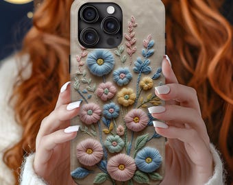 Geborduurd telefoonhoesje met wilde bloemen – Stevig hoesje met bloemenmotief voor iPhone, Samsung, Google Pixel, Magsafe iPhone-hoesje, botanisch cadeau voor haar