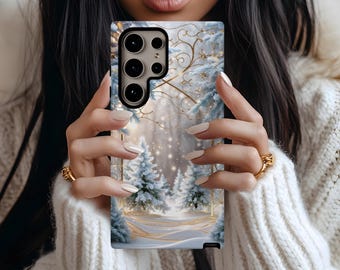 Christmas Winter Stained Glass Phone Case: Holiday Frosted Trees Art, Tough Shockproof iPhone Samsung Google Cover, Magnetic Case