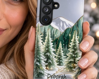 Personalized Stained Glass Christmas Mountain Phone Case, Winter Forest Pine Trees iPhone Samsung Pixel Case, Snowy Holiday Gift