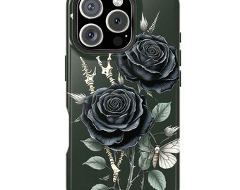 Gothic Black Roses MagSafe iPhone Case - Halloween Floral Tough Cover