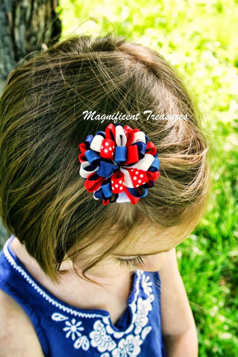 Patriotic Puff Hair Bow  Red White and Blue Girl Hair Bow  image 1