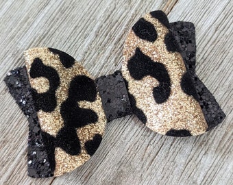 Mini lazo para el pelo de 2,5" con estampado de leopardo, purpurina y terciopelo