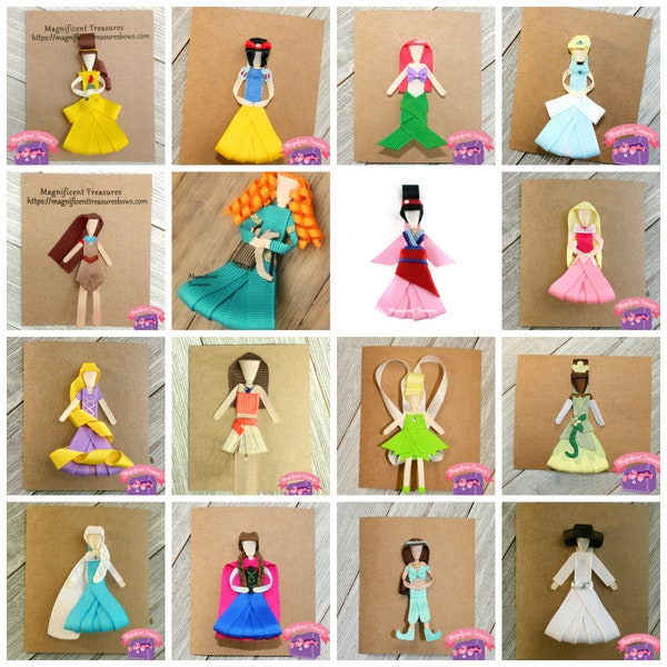 Princess Hair Clips - Set of 6 Disney Princess Clips - Choose 5 Princesses Get 1 Surprise Princess Free - Princess Ribbon Sculptures