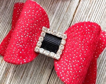 Mini 2.5" Santa Buckle Velvet Glitter Bow - Christmas Glitter Hair Clips - Santa Bow - Clippie - Santa Baby Bow - Old Saint Nick