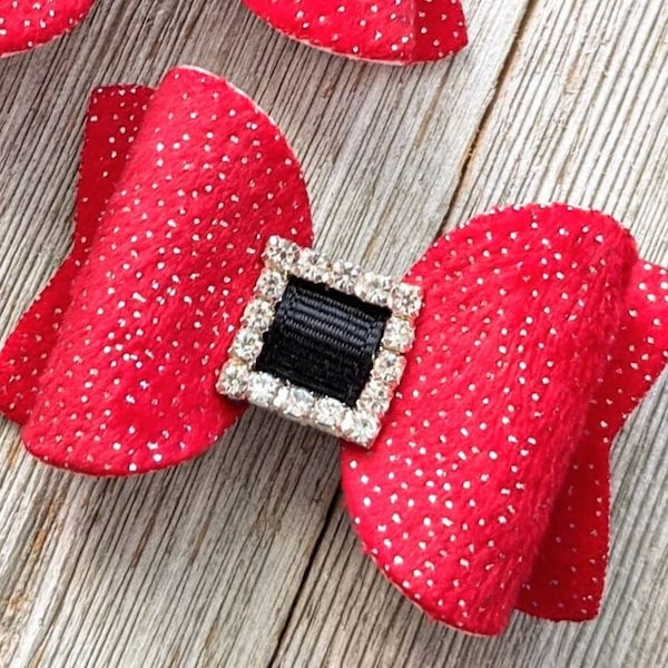 Mini 2.5" Santa Buckle Velvet Glitter Bow - Christmas Glitter Hair Clips - Santa Bow - Clippie - Santa Baby Bow - Old Saint Nick