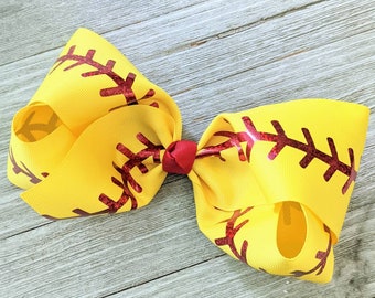 7 Inch Softball Hair Bow - Jumbo Softball Bow - Yellow and Red Baseball Bow - Extra Large Jo Jo Bow - Large Southern Bow - Big Bow