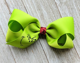 Grinch 4 Inch Ribbon Hair Bow - Green Grinch Bow - 4" Bow Grinch Bow - Girl Boutique Bow - Toddler Barrette Hairbow