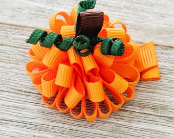 Pumpkin Hair Bow - 2 Sizes Available - Itty Bitty Pumpkin Bow - Pumpkin Puffy Pom Bow - Halloween Ribbon Bow - Fall Bow - Thanksgiving Bow