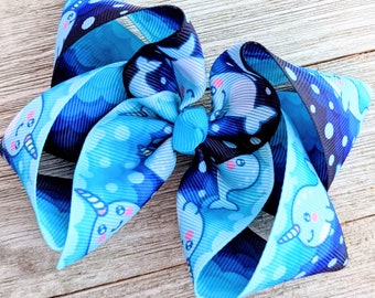 Blue Narwhal Hair Bow - Unicorn of the Sea Ribbon Bow - 4 Inch - Summer Hair Bow - Girl Big Bow - Basic Boutique - Ocean Creature - Narwhal