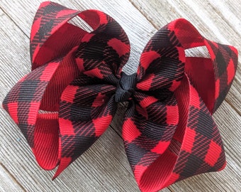 Red Buffalo Plaid 4 Inch Hair Bow - Christmas Plaid Ribbon Bow - 4 Inch Bow Red and Black Plaid - Girl Boutique Bow
