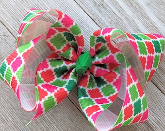 4" Christmas Print Ribbon Bow - Moroccan Tile Hair Bow - Christmas Bow - Boutique Bow - Toddler Hairbow - Winter Bow - Red, Pink, Green