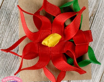 Larger Poinsettia Hair Bow - Ribbon Sculpture - Christmas Flower Hair Clip - Christmas Pin - Red Poinsettia Ribbon Flower - Toddler Barrette