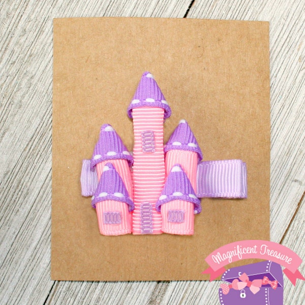 Castle Hair Clip - Pink and Purple Princess Castle Hair Bow - Ribbon Sculpture - Girl Castle Clippie - Toddler Castle Barrette