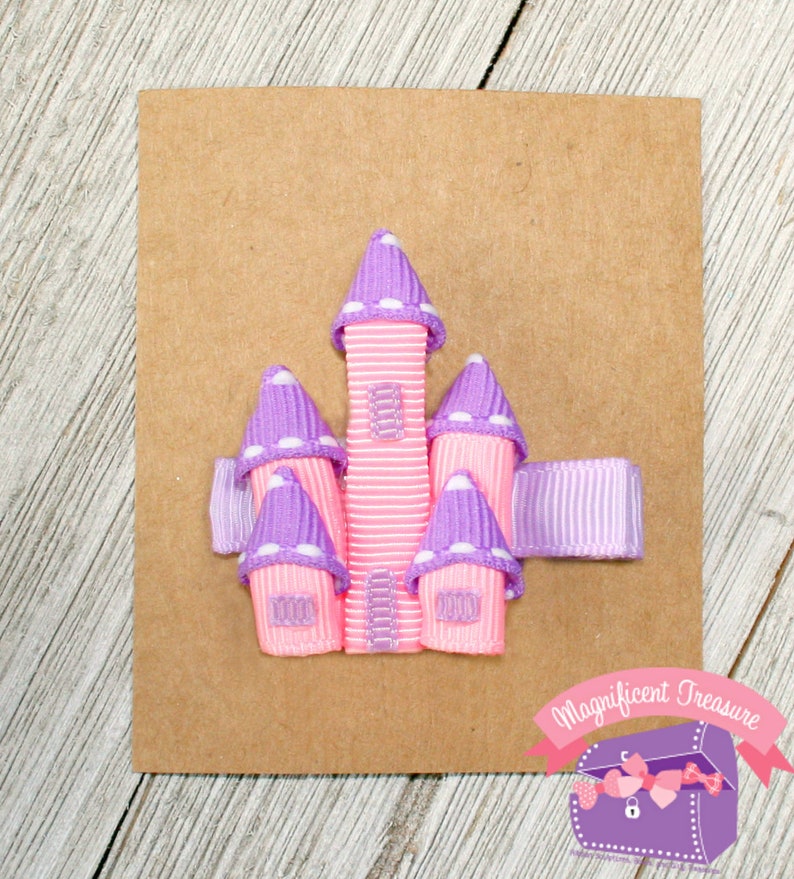 Castle Hair Clip Pink and Purple Princess Castle Hair Bow Ribbon Sculpture Girl Castle Clippie Toddler Castle Barrette image 1