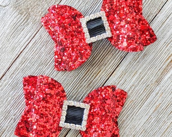 Mini 2.5" Santa Chunky Glitter Bow - Pigtail Christmas Glitter Hair Clips - Santa Buckle Bow - Clippie - Santa Baby Bow - Old Saint Nick