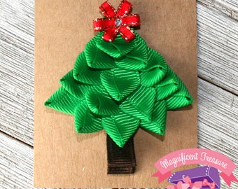 3D Christmas Tree Ribbon Sculpture Hair Clip, Pin, or Clip and Headband Set - Christmas Tree Hair Bow - Girl Christmas Barrette - Toddler