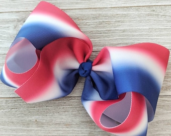 7" Red, White, and Blue Ombre Ribbon Hair Bow - Jumbo Stars and Stripes Bow - Extra Large Patriotic Bow - Large Southern Bow - America