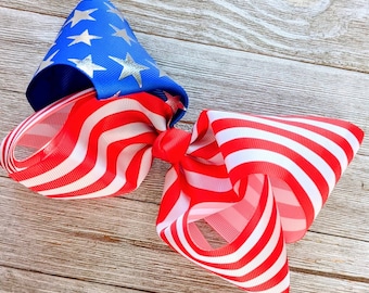 7 to 8 Inch Flag Ribbon Hair Bow - Jumbo Stars and Stripes Bow - 4th of July Bow - Extra Large Patriotic Bow - Large Southern Bow - America