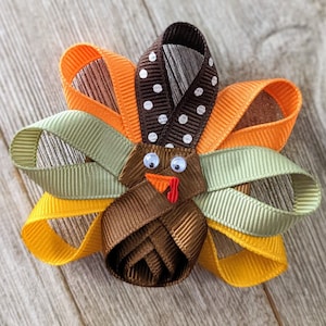 Fall Turkey Ribbon Hair Bow - Pin - Thanksgiving Ribbon Sculpture - Barrette