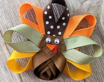 Lazo para el cabello con cinta de pavo de otoño - Pin - Escultura de cinta de Acción de Gracias - Pasador