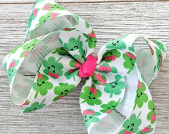 4 Inch or 6 Inch Smiley Shamrock Hair Bow - Large St. Patrick's Day Ribbon Bow  - Extra Large Jo Jo Bow - Southern Bow - Big Bow - Jumbo Bow