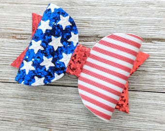 Mini American Flag Glitter Bow - 2.5" Patriotic Glitter Bows - Pigtail Bows - 4th of July Bow - Toddler Bows - Strawberry Bows - Summer Bows