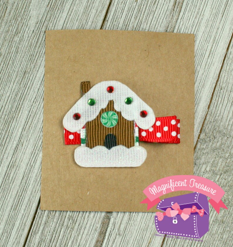 Christmas Pin Ribbon Sculpture Christmas Hair Bow Girl Holiday Barrette Gingerbread House Pin Gingerbread House Hair Clip