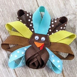 Turquoise, Green, and Brown Turkey Hair Bow - Pin - Headband - Ribbon Sculpture - Thanksgiving Barrette - Fall Clippie