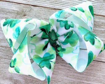 Watercolor Green Shamrock 4 Inch Hair Bow - St. Patrick's Day Bow - 4 Inch Bow with Shamrocks - Girl Boutique Bow - St. Paddy's Day Hair bow