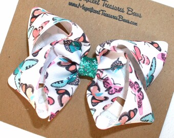 4" Aqua Butterfly Hair Bow - Spring Boutique Ribbon Bow - Butterflies - Summer Girls Bow - 4 Inch
