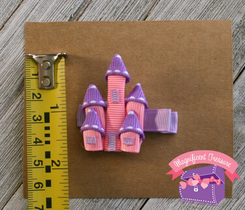 Castle Hair Clip Pink and Purple Princess Castle Hair Bow Ribbon Sculpture Girl Castle Clippie Toddler Castle Barrette image 3