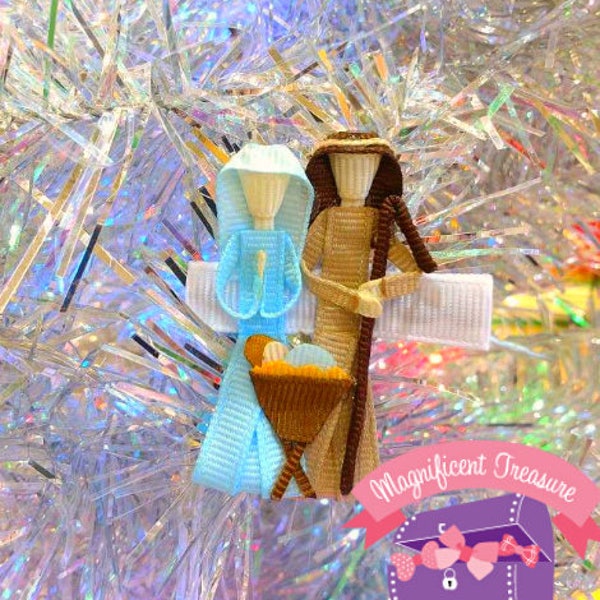 Nativity Hair Clip - Tiny Holy Family Bow - Ribbon Sculpture - Christmas Hair Bow - Religious Hair Clippie - Nativity Pin