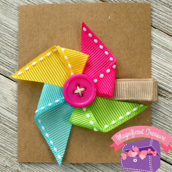 Summer Pinwheel Hair Bow - Toddler Summer Hair Clip - Pinwheel Barrette - Baby Bow - Ribbon Sculpture - Rainbow Pinwheel - Girl Summer Bow